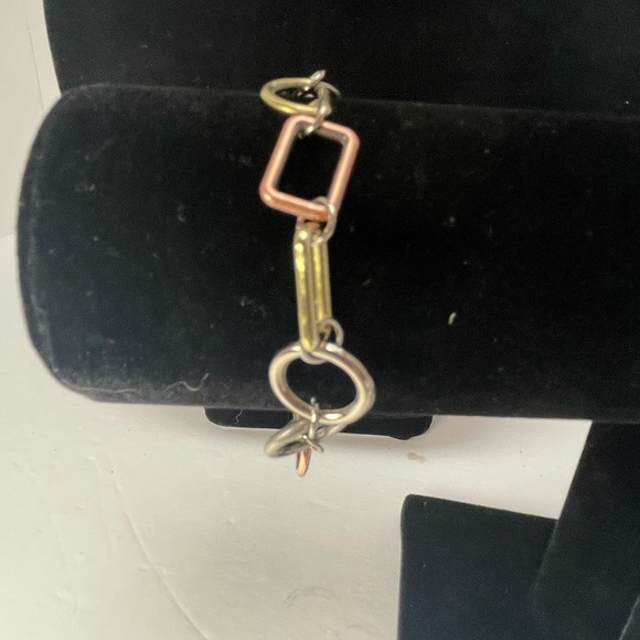 Tri-tone Geometric Bracelet in gold, silver, and copper tones. - Picture 2 of 4